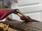 Louis Vuitton bag strap detail with gold ring hardware and monogram canvas