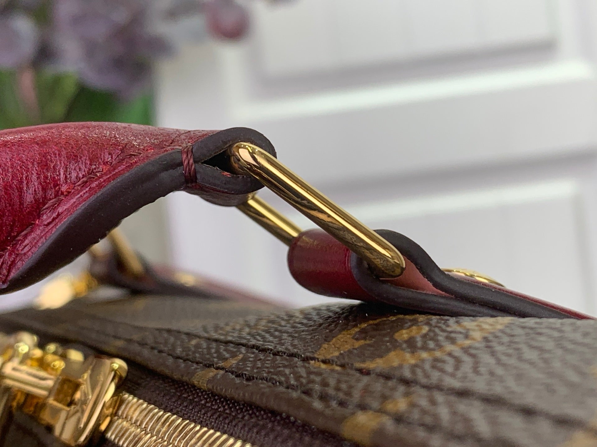 Louis Vuitton bag strap detail with gold ring hardware and monogram canvas