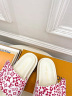 Louis Vuitton slide sandals, white footbeds with red monogram patterned uppers