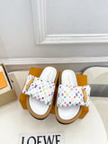 Logo slide sandals with white footbed, multicolor monogram straps, tan rubber sole