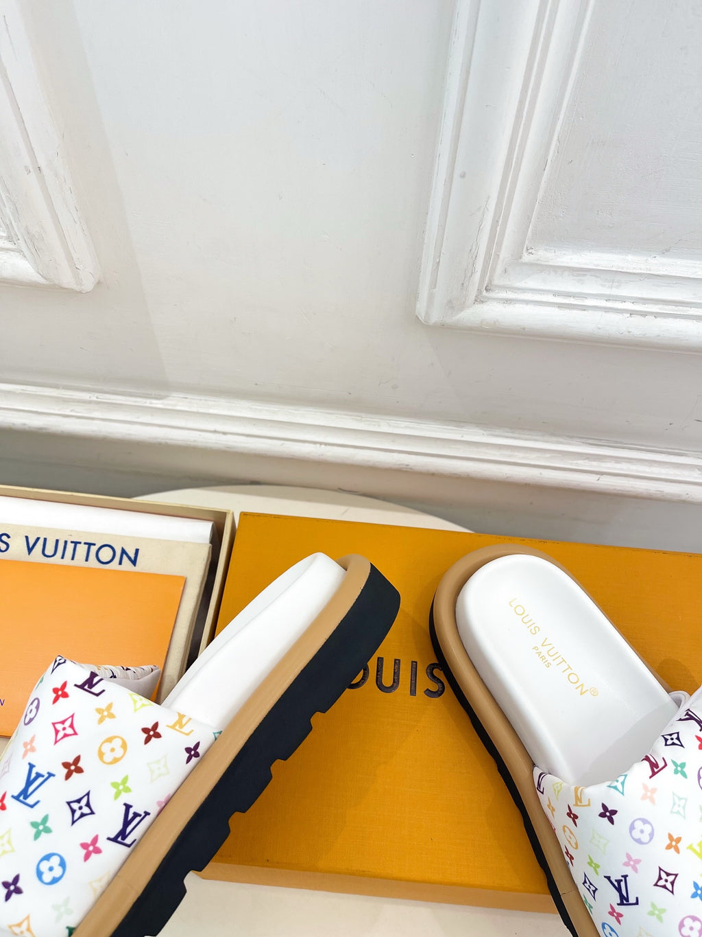 Logo slide sandals, white strap with multicolor monogram print and black tread sole