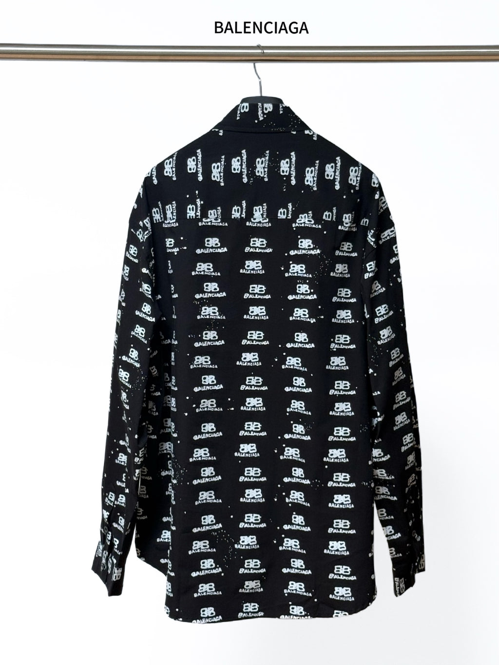 Black long-sleeve button-up shirt with Balenciaga logo repeat, back view.
