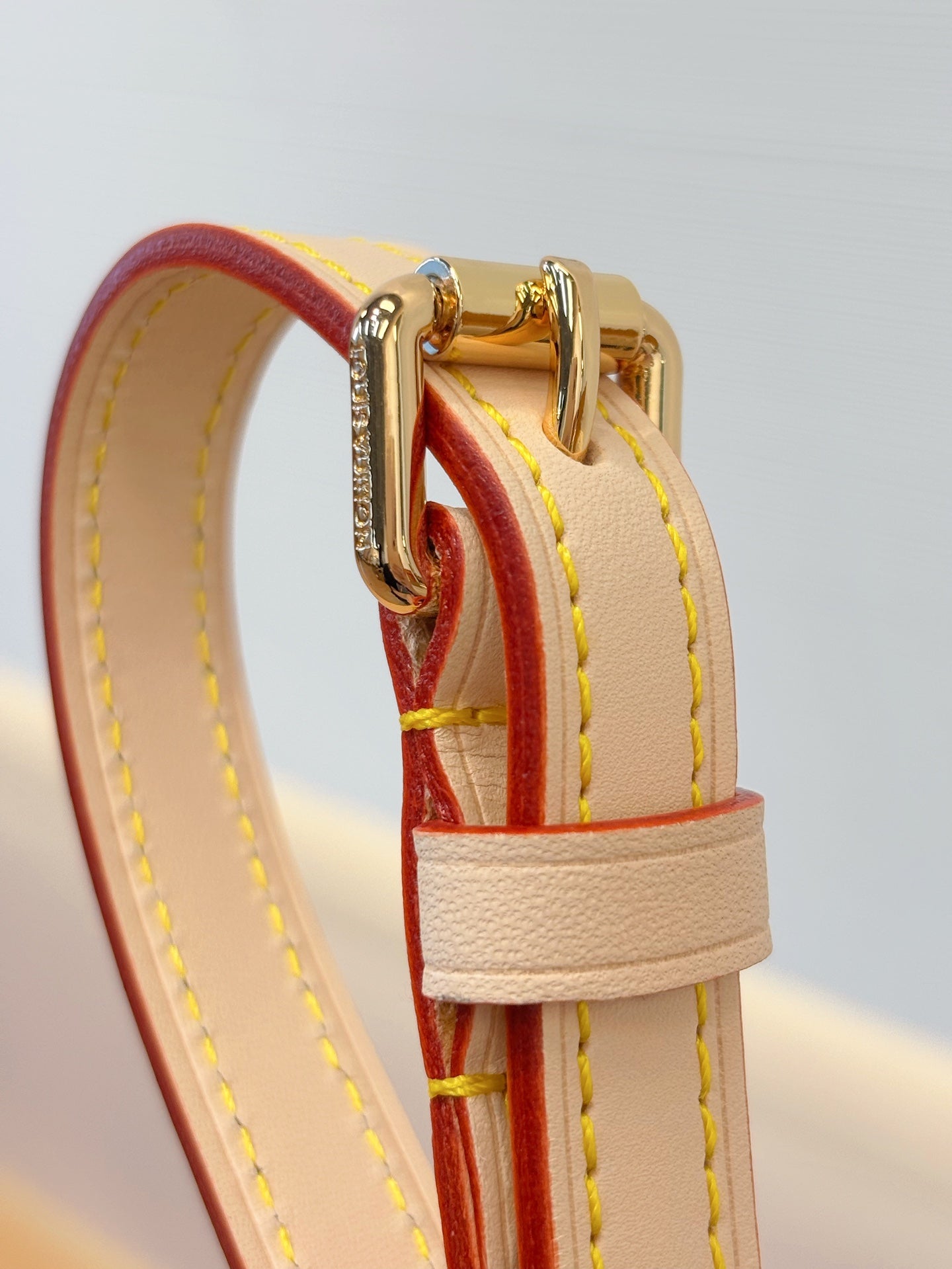 Louis Vuitton bag close-up of red strap detail with white leather and gold buckle