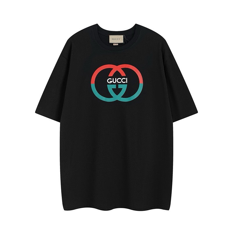 Black Gucci short-sleeve T-shirt with multicolor logo front