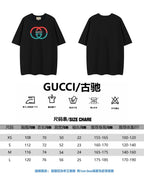 T-shirt size chart with waist and length measurements for XS–XL
