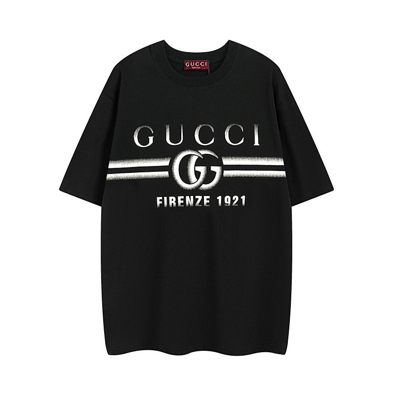 Black short-sleeve T-shirt with Gucci logo and "Firenze 1921" front graphic