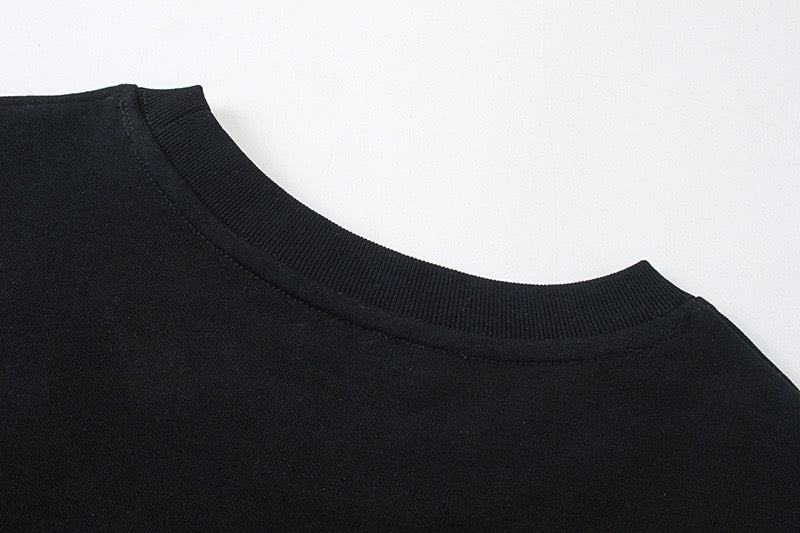 Black crew-neck T-shirt with ribbed collar trim