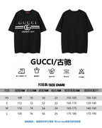 Front and back views of black Gucci short-sleeve T-shirt with size chart