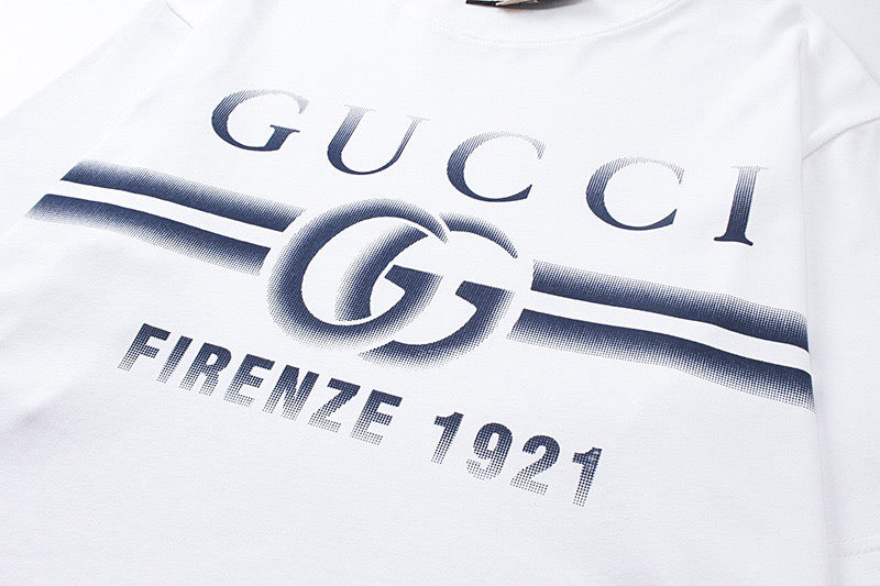 White T-shirt front graphic with GUCCI, G logo, and Firenze 1921 text