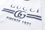 White T-shirt front graphic with GUCCI, G logo, and Firenze 1921 text
