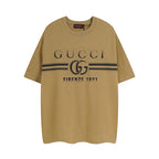 Tan Gucci short-sleeve T-shirt with bold logo print and striped stripe graphic