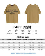 T-shirt size chart with measurements listed in cm for XS to L