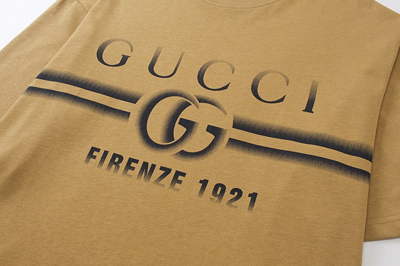 Tan Gucci T-shirt front with large G logo and “FIRENZE 1921” text