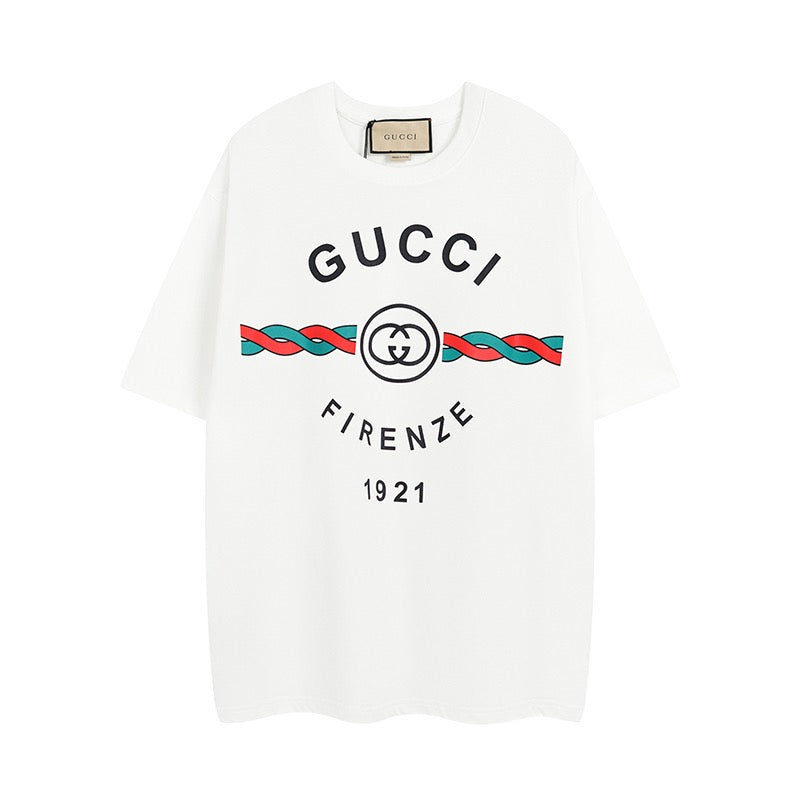 White Gucci short-sleeve T-shirt with front “GUCCI FIRENZE 1921” graphic