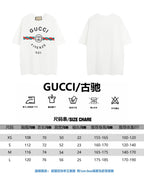 Gucci T-shirt size chart with XS–L measurements and fit notes