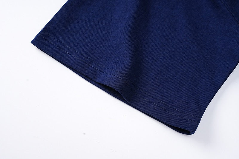 Navy T-shirt sleeve hem with double-stitched edge