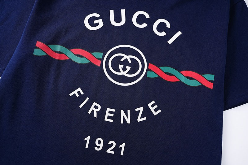 Navy T-shirt with Gucci Firenze 1921 and tricolor stripe logo