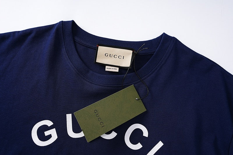 Navy T-shirt neckline with Gucci size tag