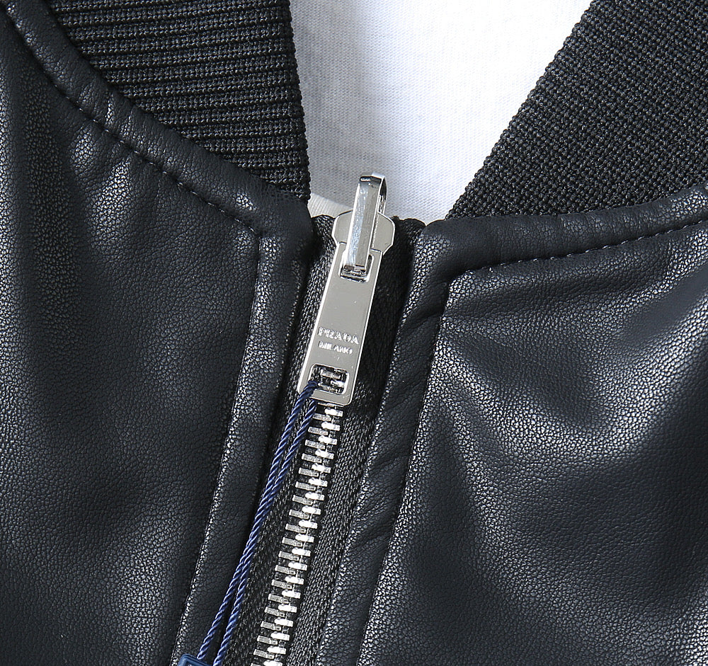 Black leather jacket front zipper and metal pull