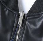 Black leather jacket front zipper and metal pull