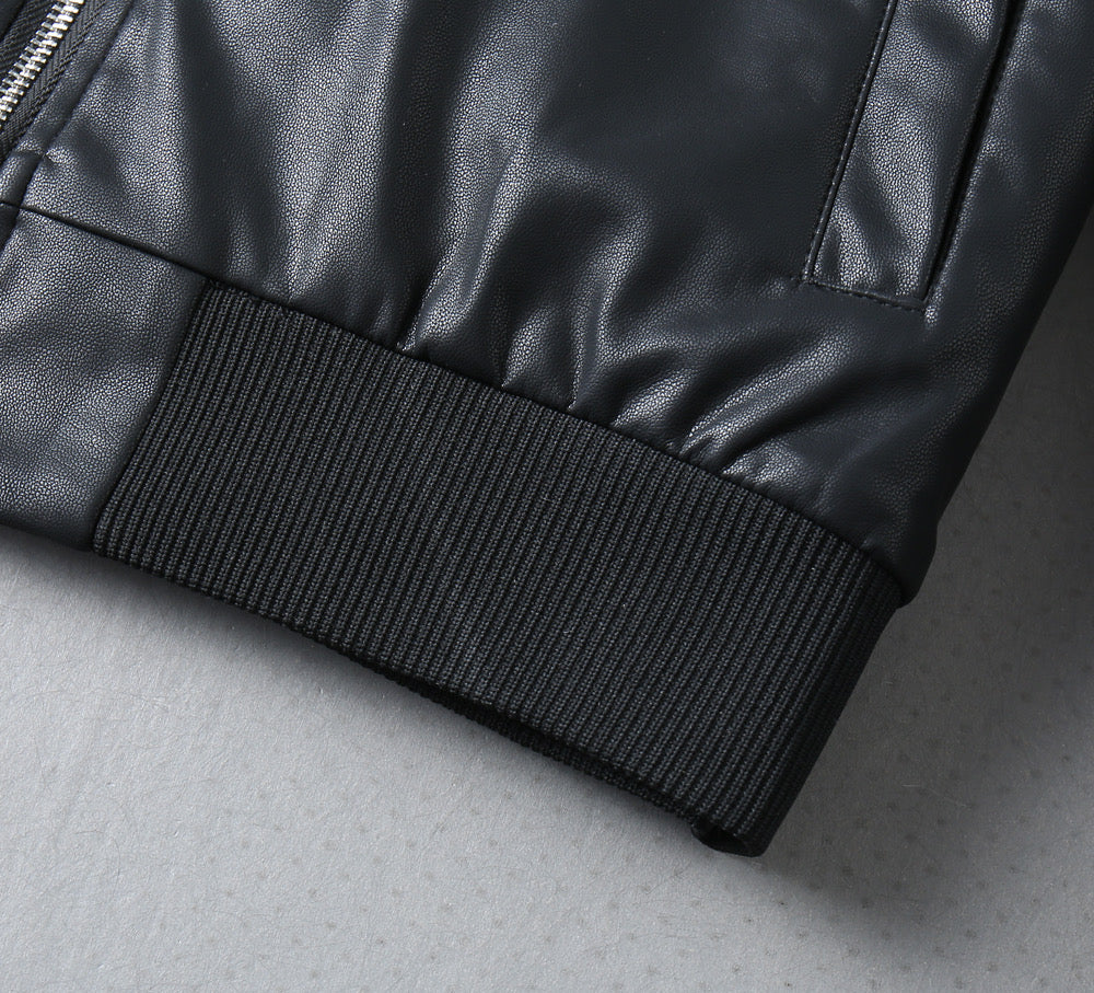 Black leather jacket ribbed cuff and jacket hem edge