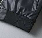 Black leather jacket ribbed cuff and jacket hem edge