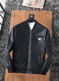 Prada black zip-up leather jacket with stand collar and front zipper