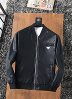 Prada black zip-up leather jacket with stand collar and front zipper