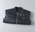 Prada sleeveless jacket front view with chest pocket and zipper