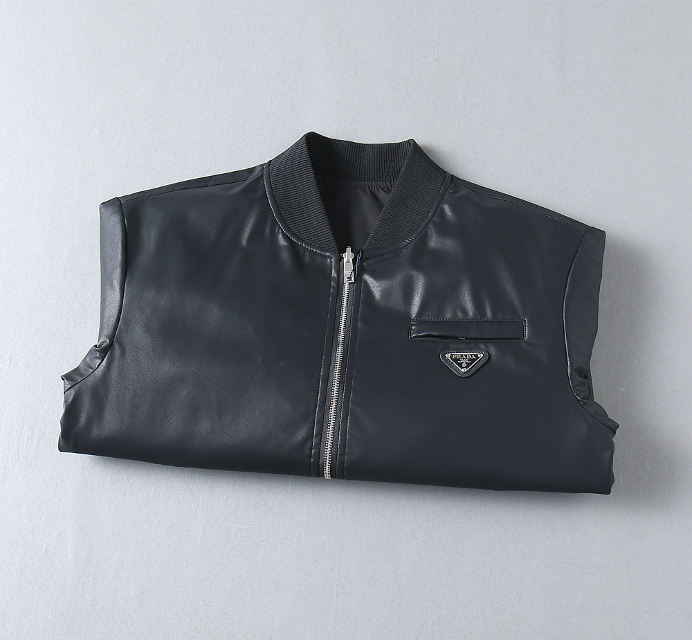 Prada sleeveless jacket front view with chest pocket and zipper