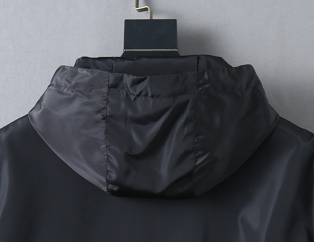 Prada long jacket hood and high collar with gathered back yoke