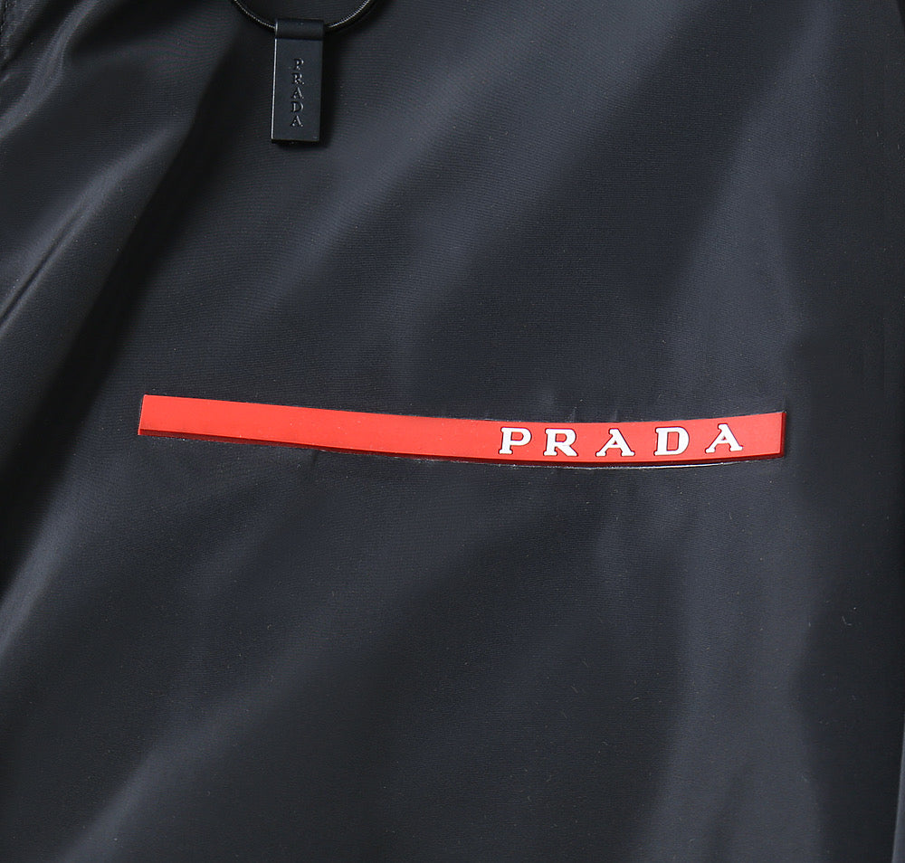 Prada black long jacket chest logo stripe in red and white