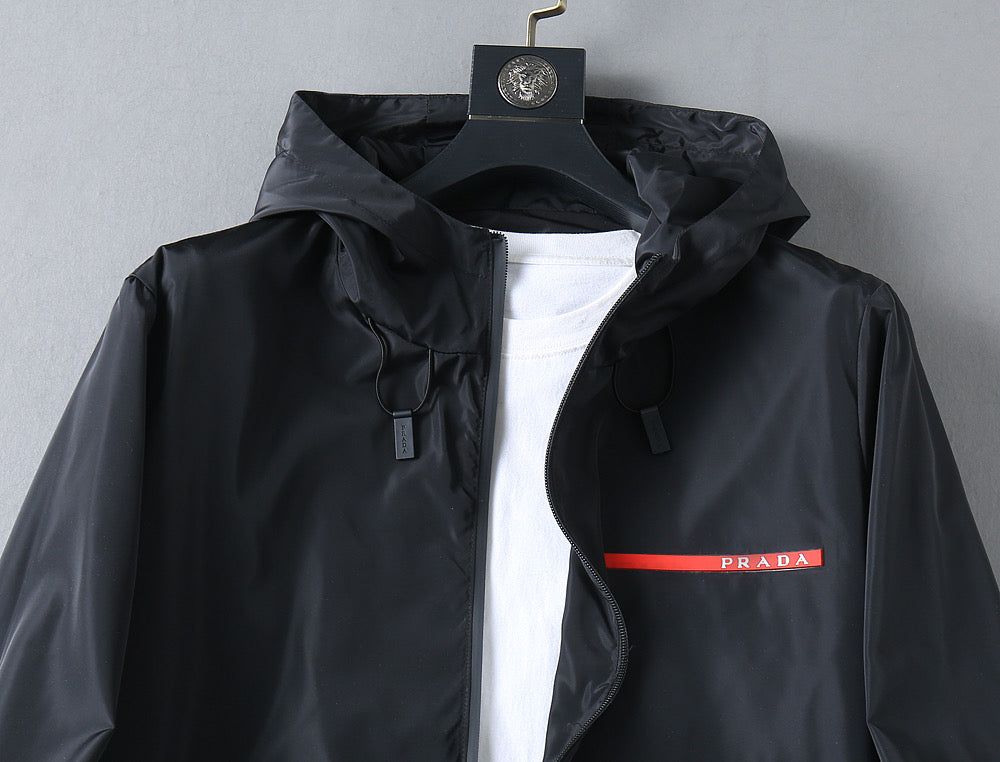 Prada long jacket hooded neckline with front zipper and red logo stripe