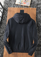 Prada long hooded jacket back view, black with drawstring hood