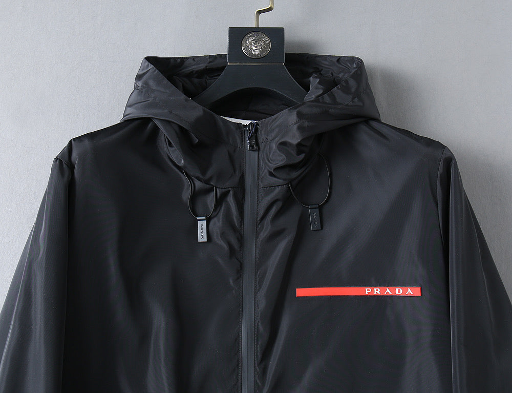 Prada long jacket with hood and red PRADA logo stripe