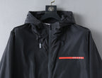 Prada long jacket with hood and red PRADA logo stripe