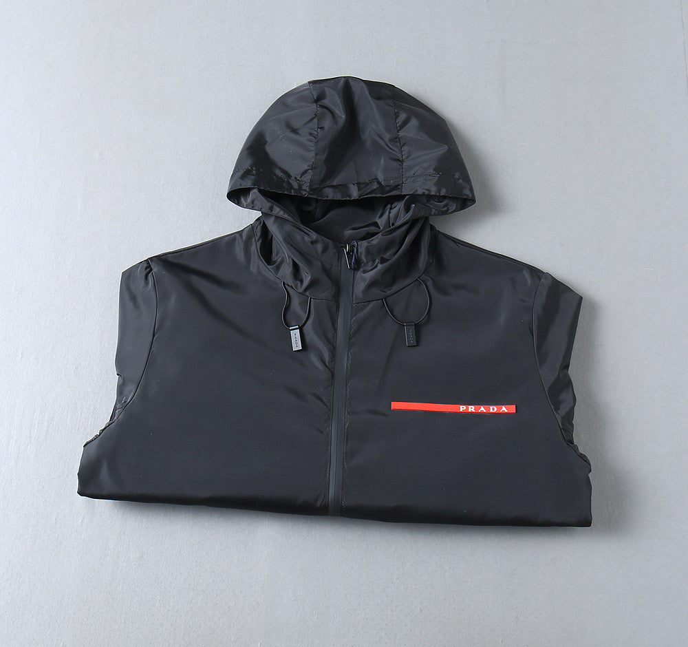 Prada hooded sleeveless vest, black with red chest logo stripe and zipper