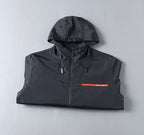 Prada hooded sleeveless vest, black with red chest logo stripe and zipper