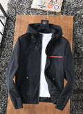 Prada long hooded jacket, black with zip front and red chest logo stripe