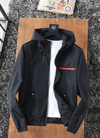 Prada long hooded jacket, black with zip front and red chest logo stripe