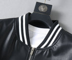 Black leather jacket collar with striped rib trim and front zipper opening