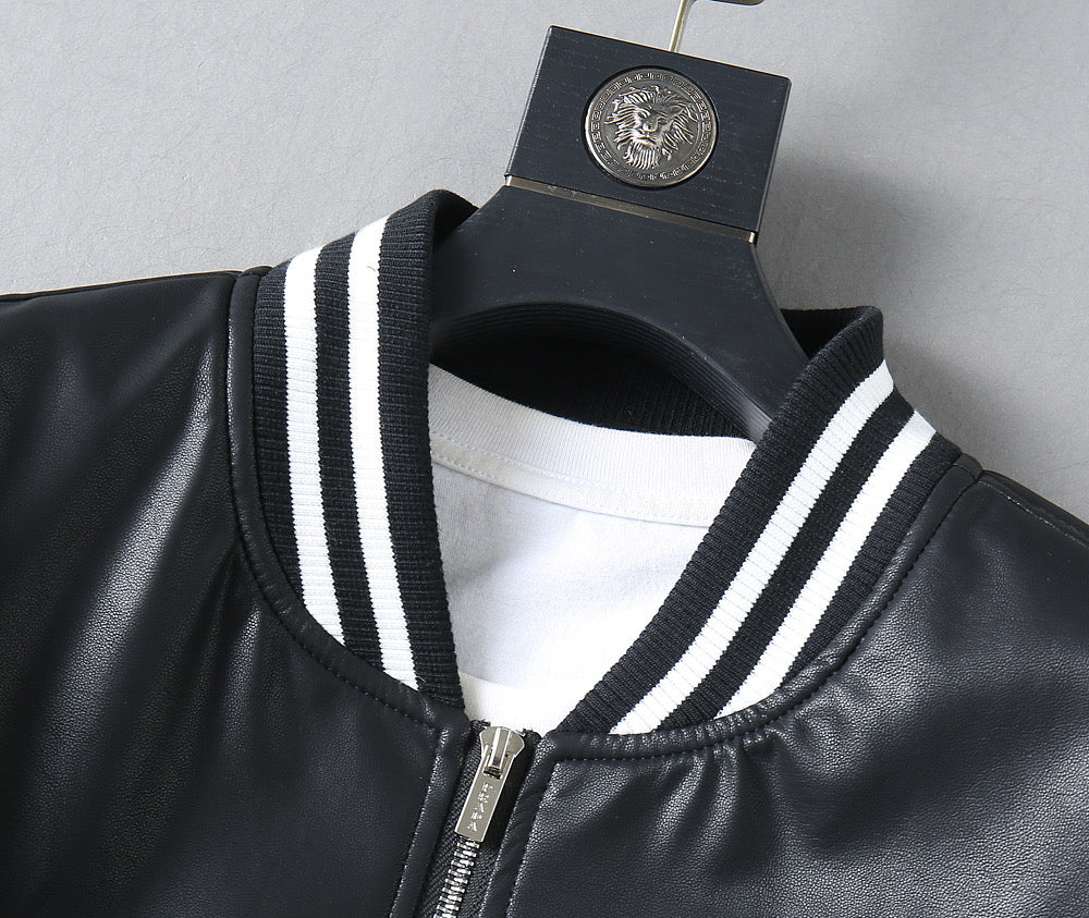 Black leather jacket collar with striped rib trim and front zipper opening