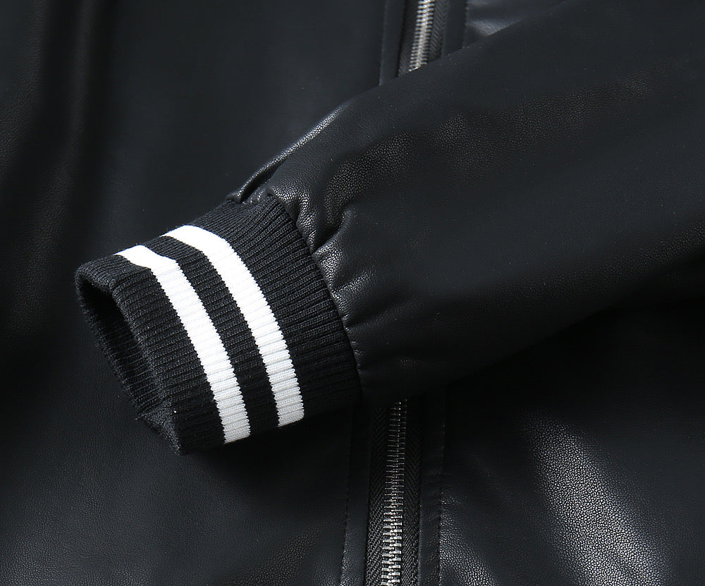 Black leather jacket sleeve end with striped rib cuff and zipper track
