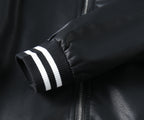 Black leather jacket sleeve end with striped rib cuff and zipper track