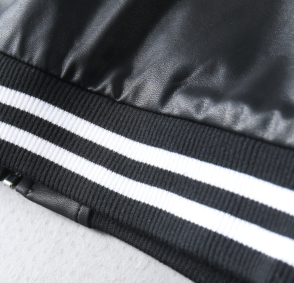 Prada leather jacket rib knit waistband with black and white stripes