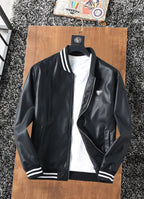 Prada leather jacket in dark color with striped ribbed collar and zip front