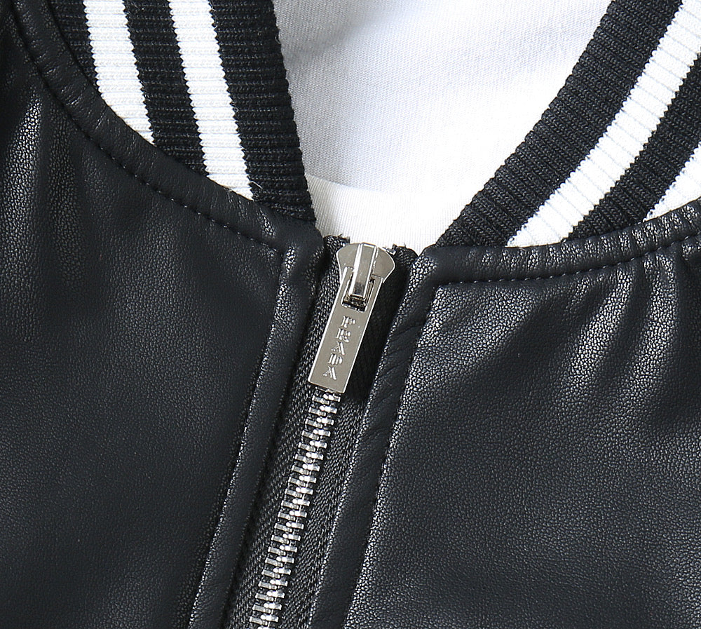 Prada leather jacket zip front with striped ribbed collar detail