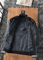 Prada leather jacket with open front showing inner lining and hanging tag