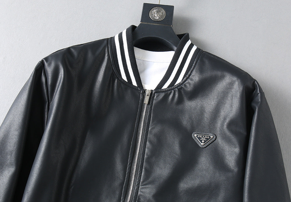 Black leather jacket front with striped rib collar and triangular chest logo