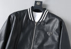 Black leather jacket front with striped rib collar and triangular chest logo